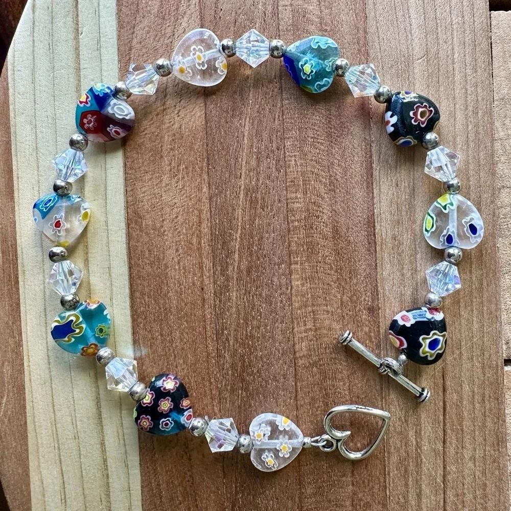 Vintage Heart Bead Bracelet 7.75 Inch Murano Millefiori Glass Crystals Toggle‎